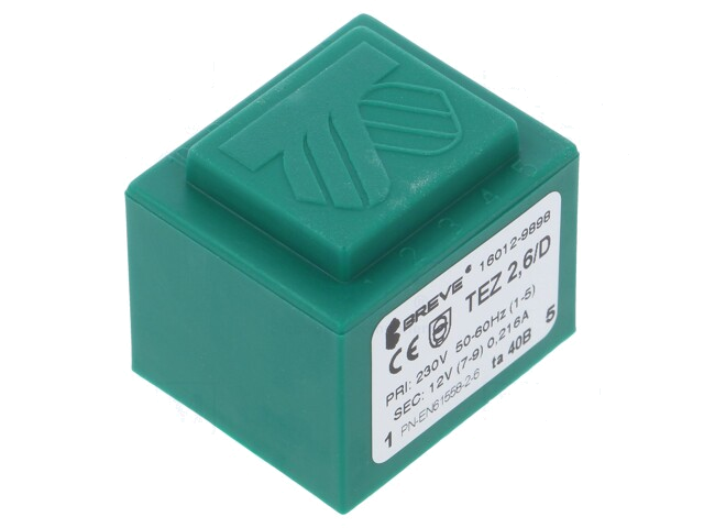 Transformator: ingegoten; 2,6VA; 230VAC; 12V; 217mA; PCB; IP00; TEZ Transformator: ingegoten; 2,6VA; 230VAC; 12V; 217mA; PCB; IP00; TEZ